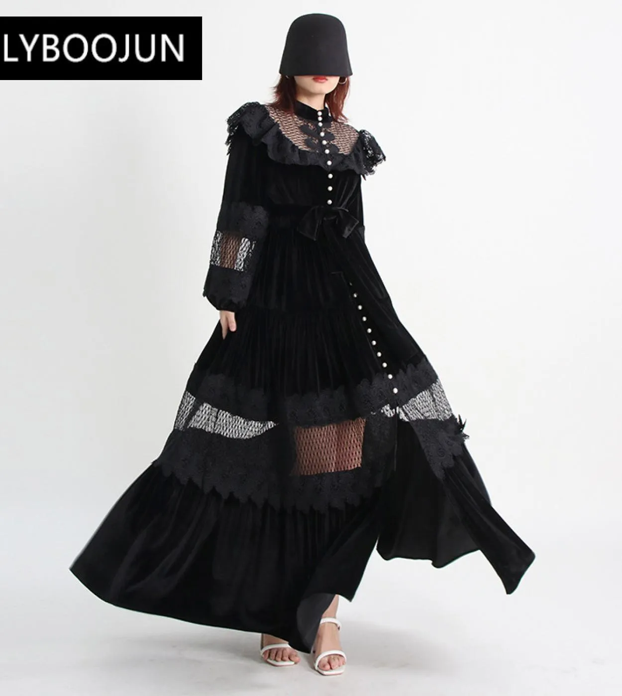 Abiti da donna di alta qualità di lusso Abiti in velluto nero Abiti da donna in velluto nero in pizzo