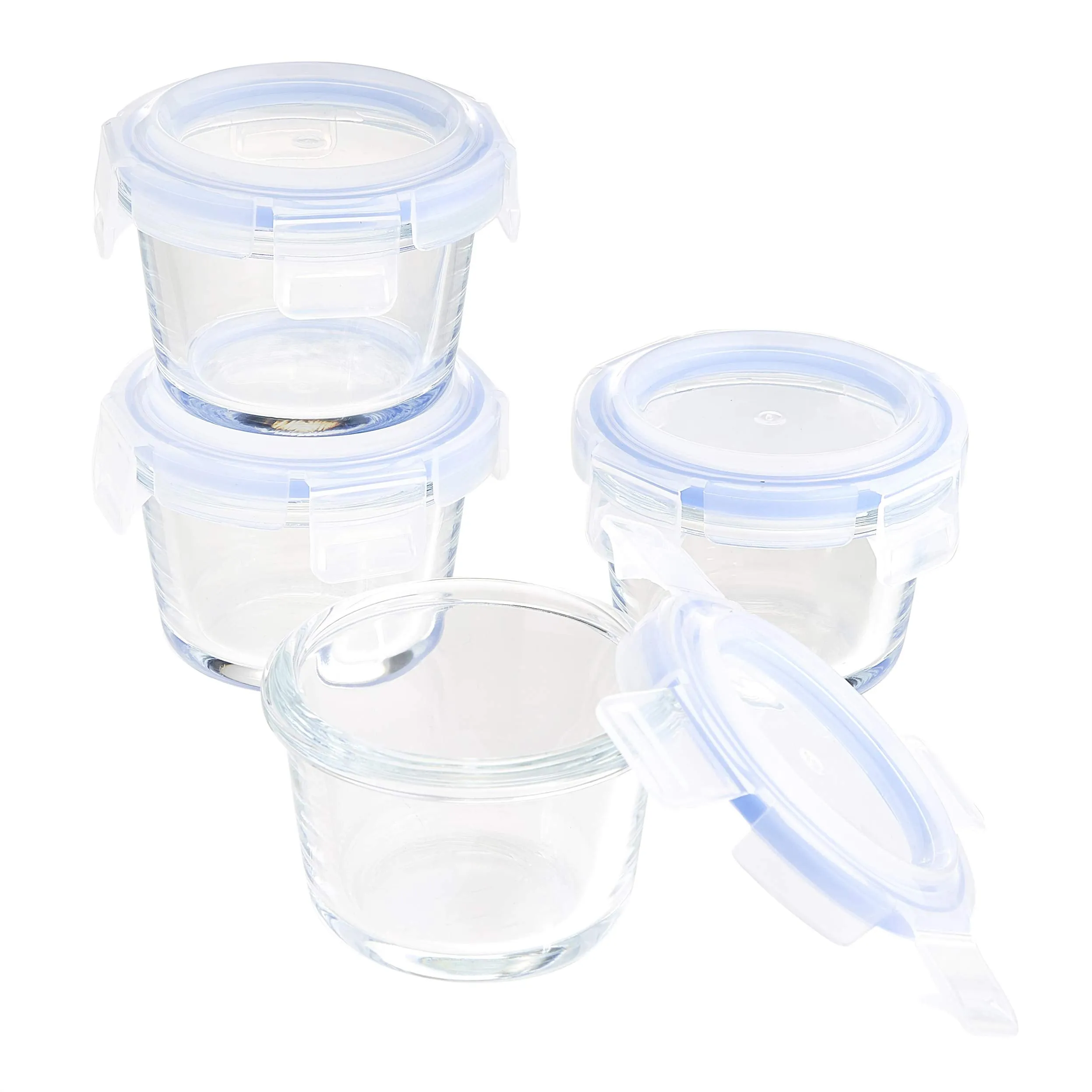 Amazon Basics ABL001 Contenitori in vetro da 150 ml, 4 unità, trasparenti con coperchi blu