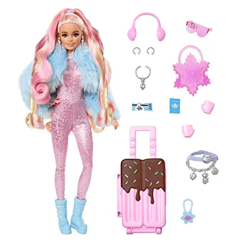 Barbie - Barbie Extra Fly, bambola viaggiatrice con look a tema neve, tuta rosa luccicante e cappotto alla moda, 15+ accessori p