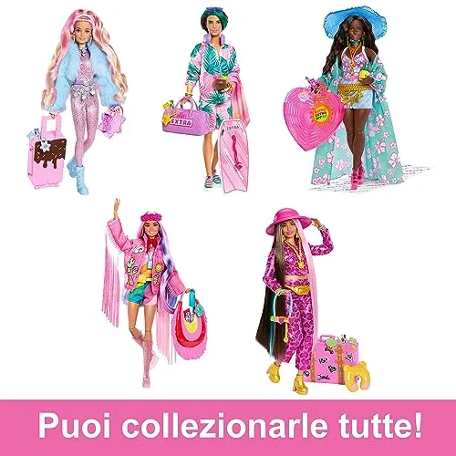 Barbie - Barbie Extra Fly, bambola viaggiatrice con look a tema neve, tuta rosa luccicante e cappotto alla moda, 15+ accessori p