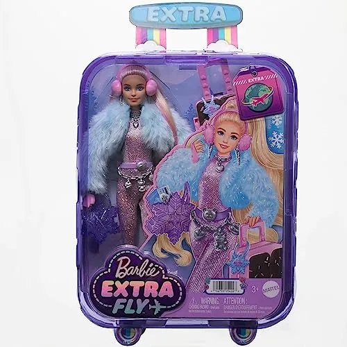 Barbie - Barbie Extra Fly, bambola viaggiatrice con look a tema neve, tuta rosa luccicante e cappotto alla moda, 15+ accessori p