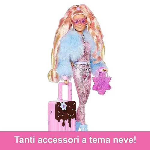 Barbie - Barbie Extra Fly, bambola viaggiatrice con look a tema neve, tuta rosa luccicante e cappotto alla moda, 15+ accessori p