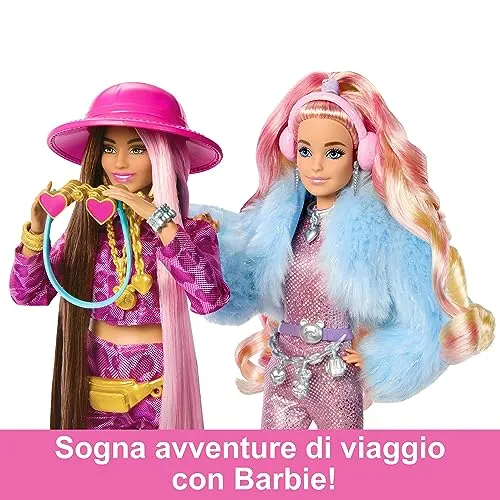 Barbie - Barbie Extra Fly, bambola viaggiatrice con look a tema neve, tuta rosa luccicante e cappotto alla moda, 15+ accessori p