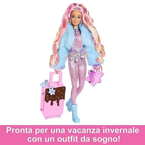Barbie - Barbie Extra Fly, bambola viaggiatrice con look a tema neve, tuta rosa luccicante e cappotto alla moda, 15+ accessori p