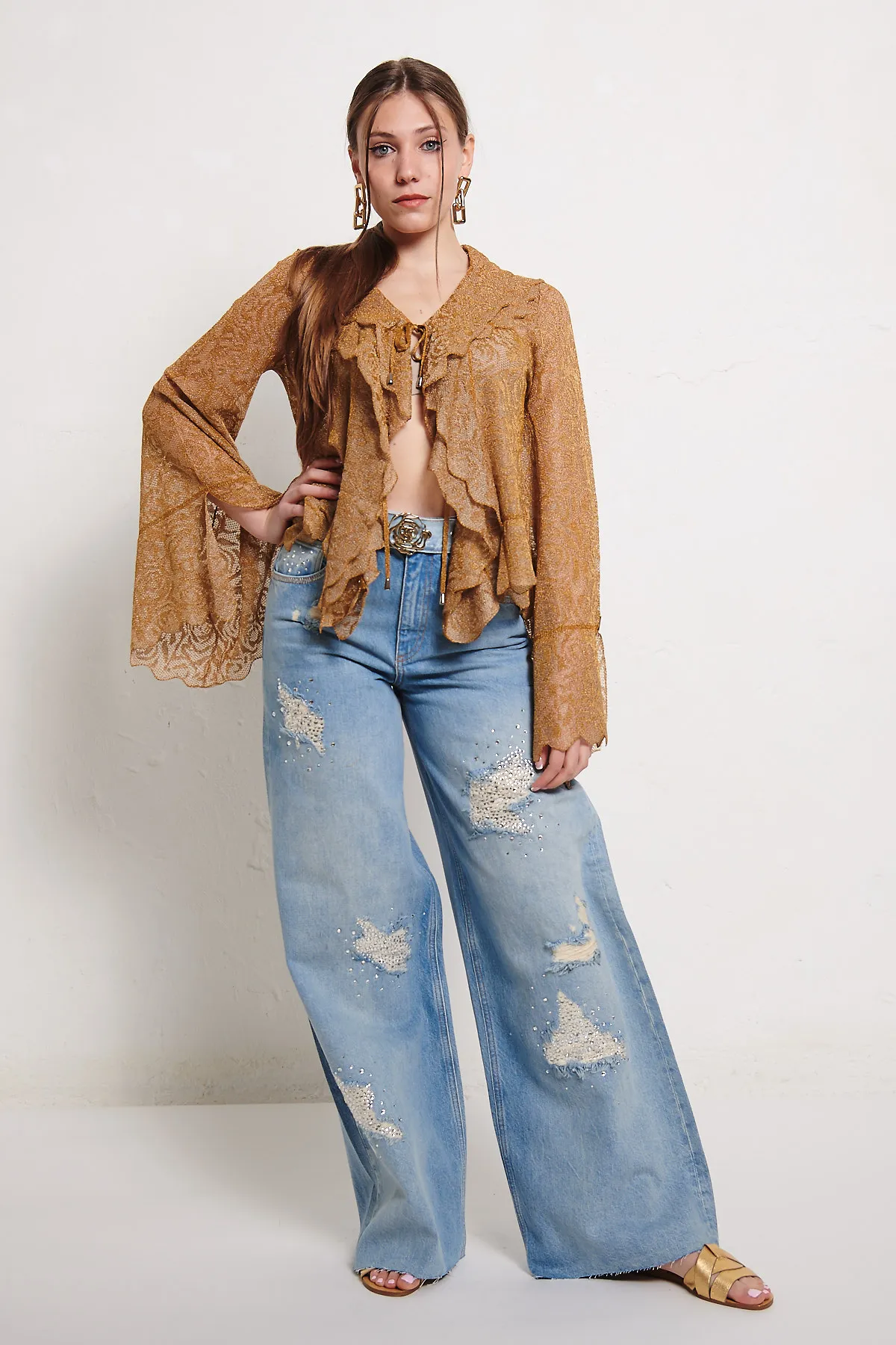 BLUGIRL Jeans a palazzo con rotture e strass.