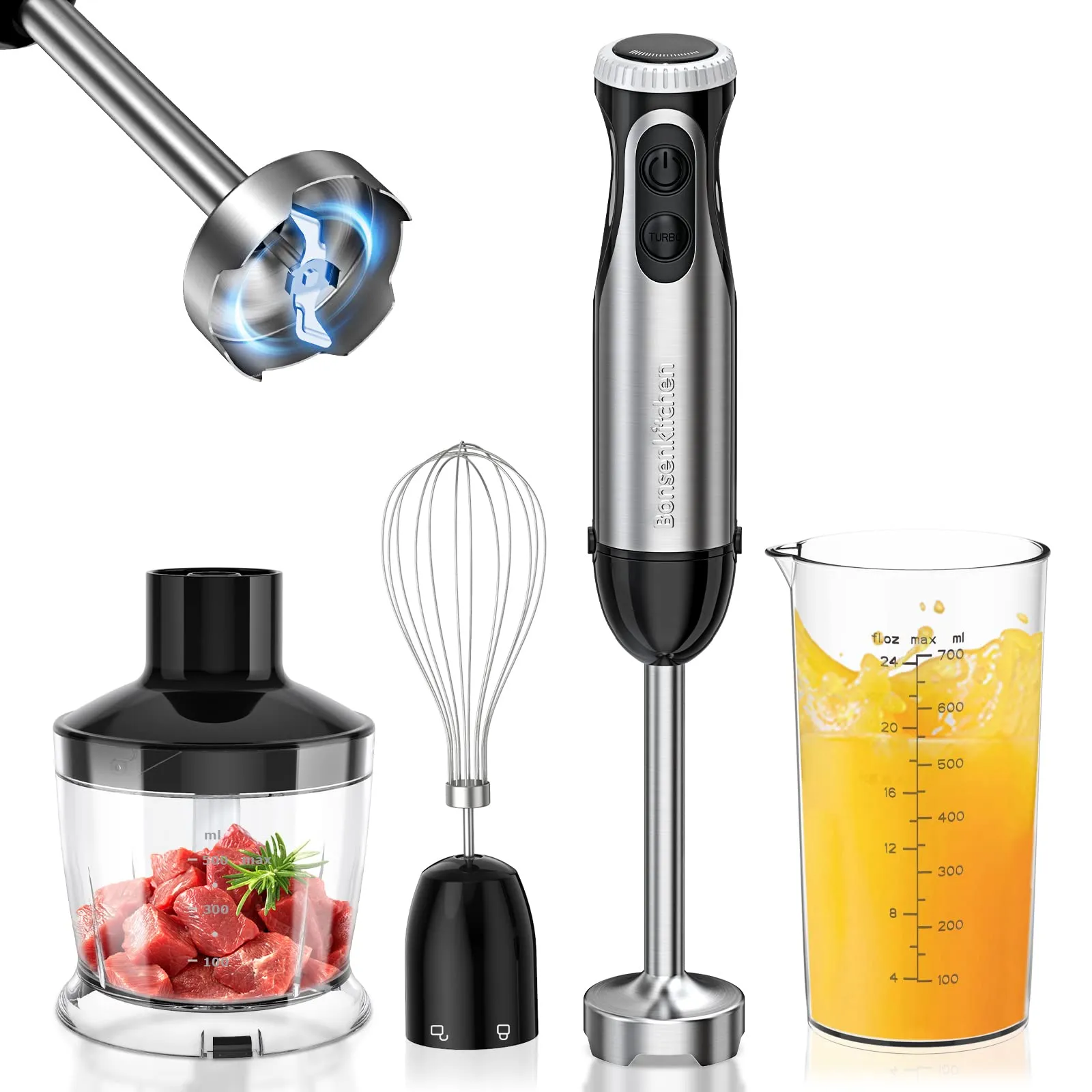 Bonsenkitchen Frullatore a Immersione Multifunzione 4 in 1, Minipimer in Acciaio Inox, 1000 W, 20 Velocità Regolabili, con Frust