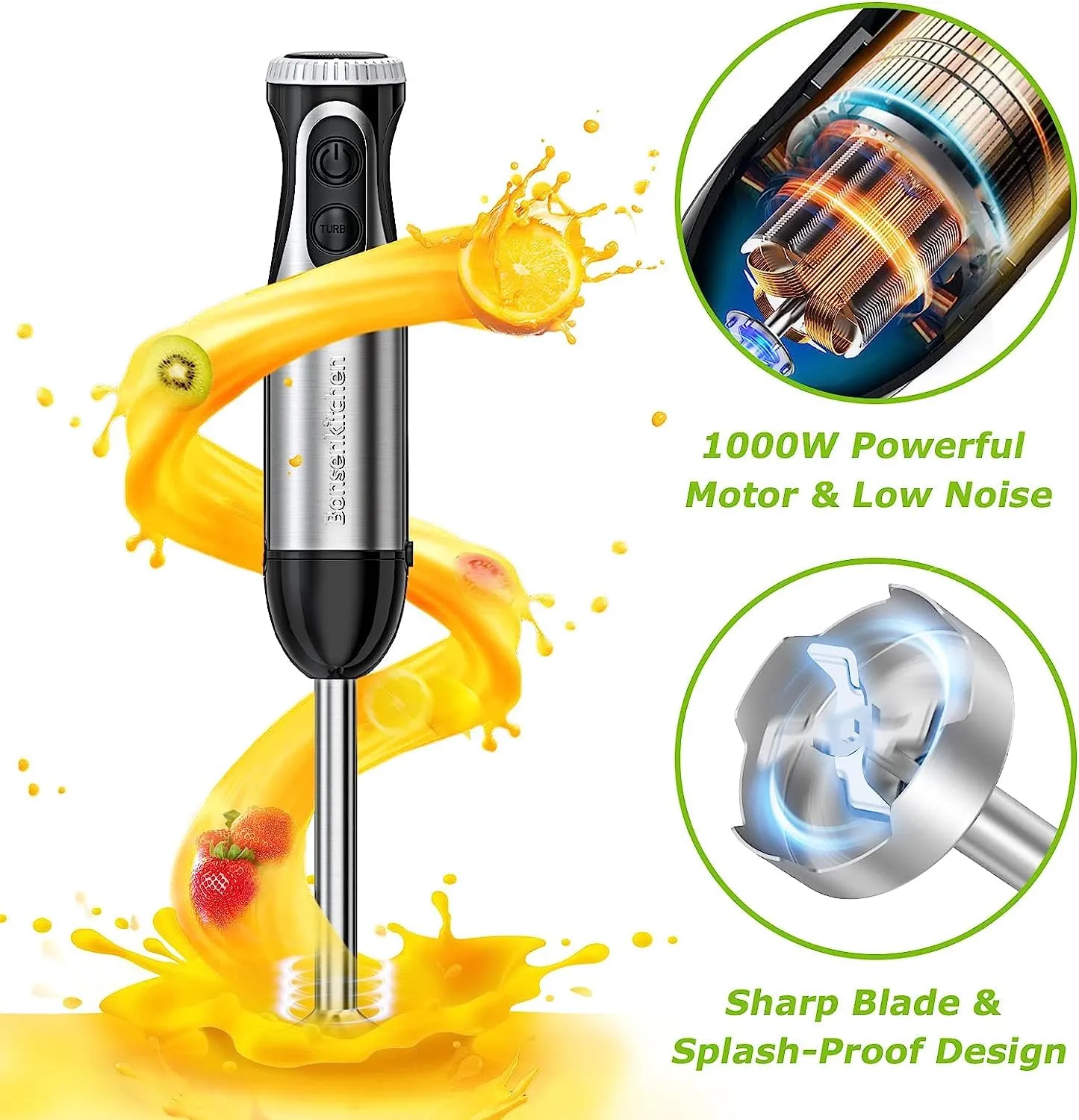 Bonsenkitchen Frullatore a Immersione Multifunzione 4 in 1, Minipimer in Acciaio Inox, 1000 W, 20 Velocità Regolabili, con Frust