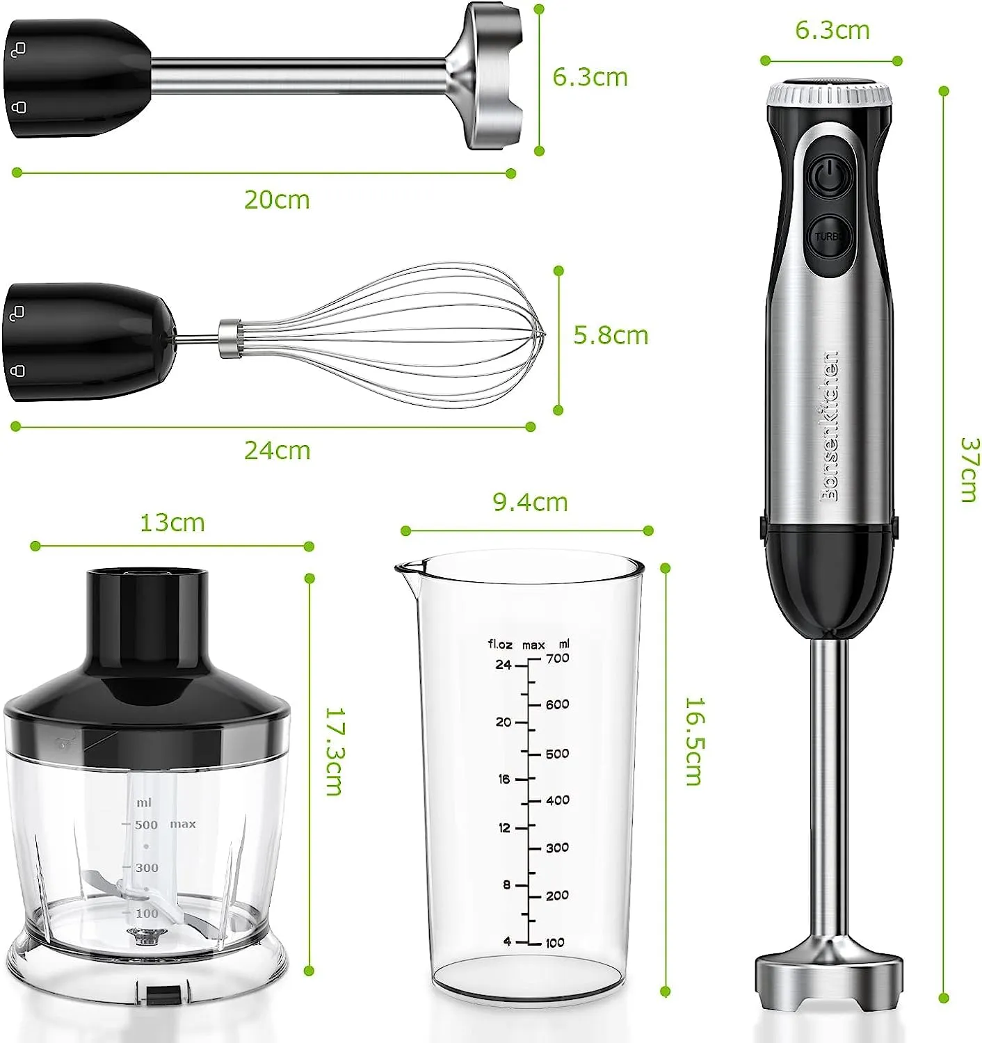 Bonsenkitchen Frullatore a Immersione Multifunzione 4 in 1, Minipimer in Acciaio Inox, 1000 W, 20 Velocità Regolabili, con Frust