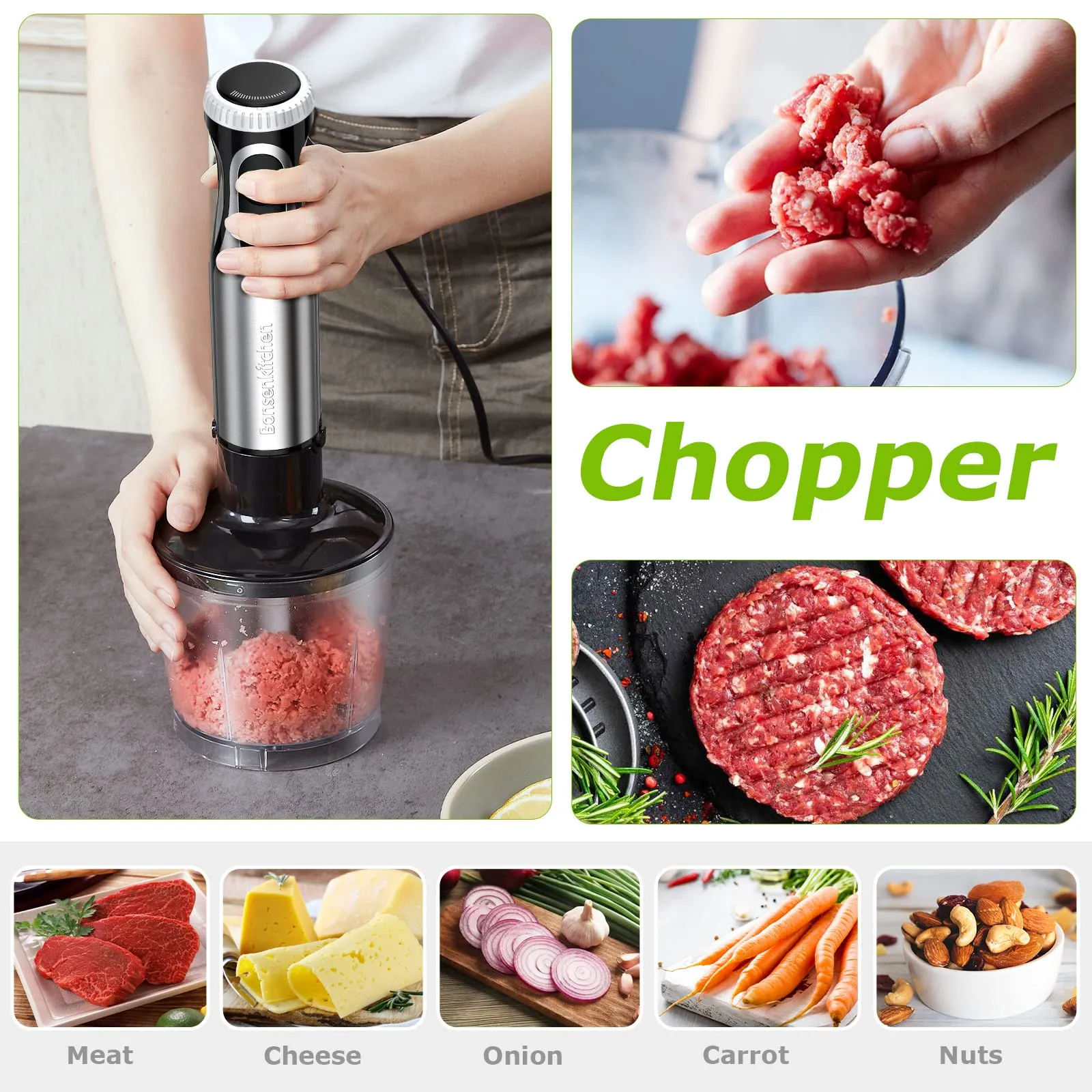 Bonsenkitchen Frullatore a Immersione Multifunzione 4 in 1, Minipimer in Acciaio Inox, 1000 W, 20 Velocità Regolabili, con Frust