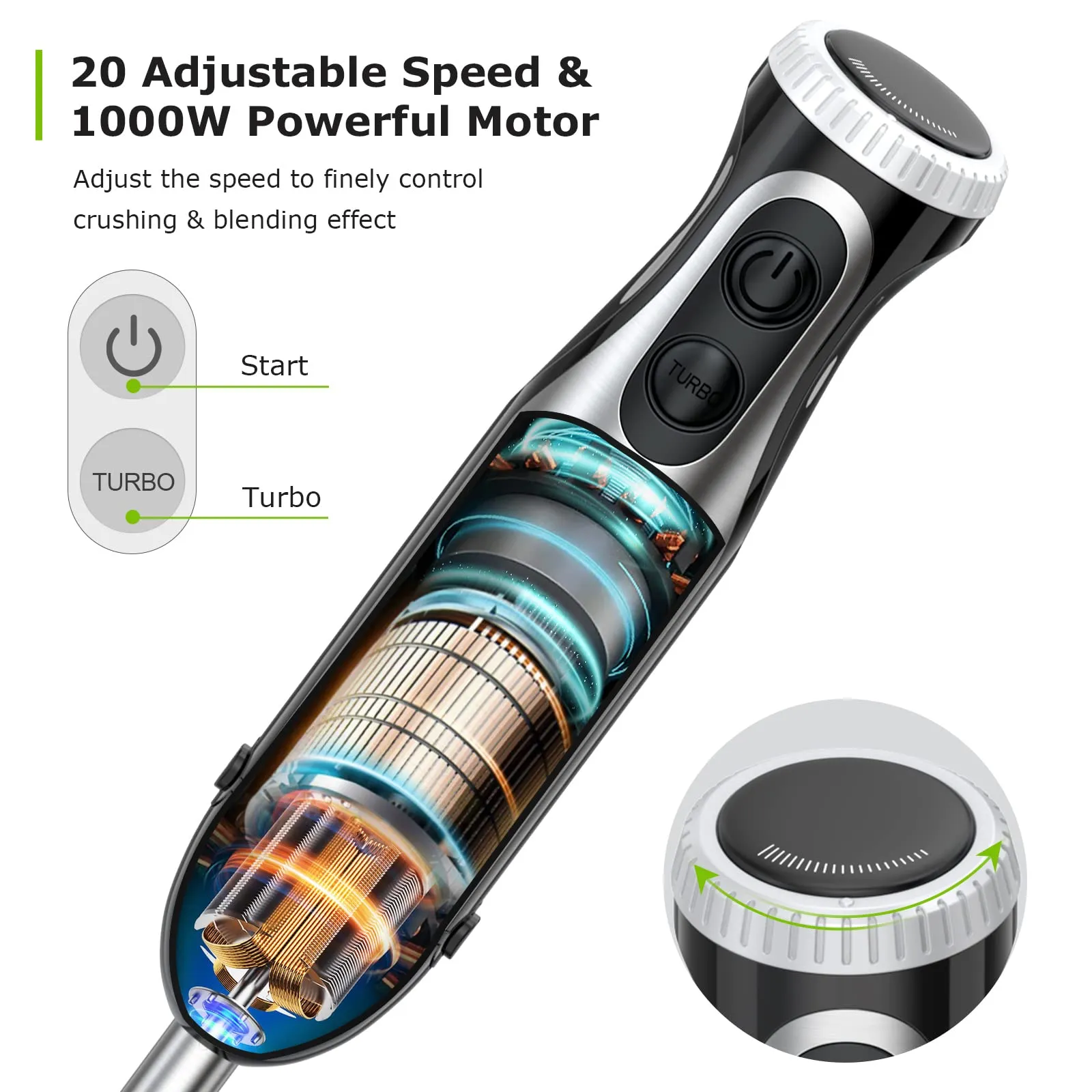 Bonsenkitchen Frullatore a Immersione Multifunzione 4 in 1, Minipimer in Acciaio Inox, 1000 W, 20 Velocità Regolabili, con Frust