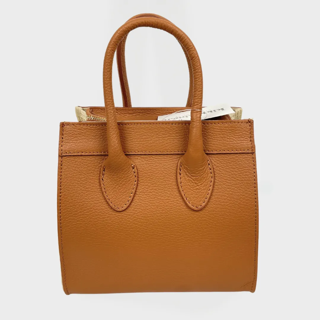 Borsa a Mano in Rafia e Pelle Marrone con Taschino Anteriore