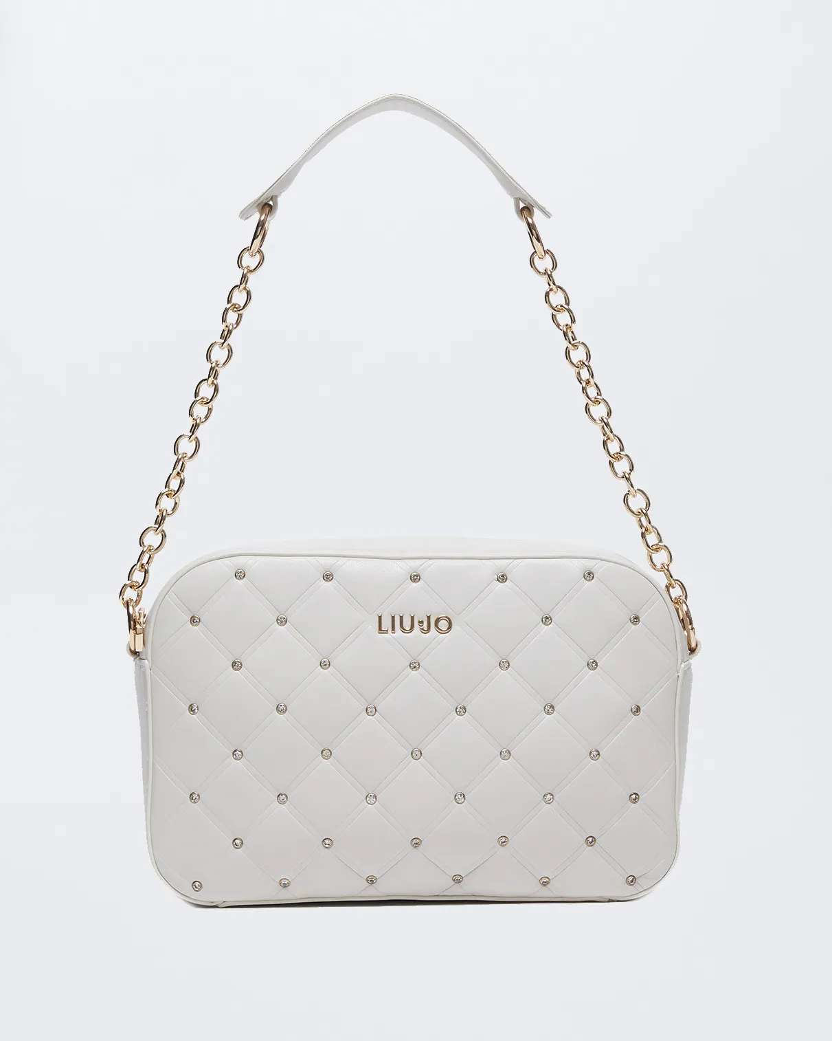 Borsa a spalla squadrata avorio in similpelle trapuntata a rombi con strass applicati sul davanti e logo in metallo