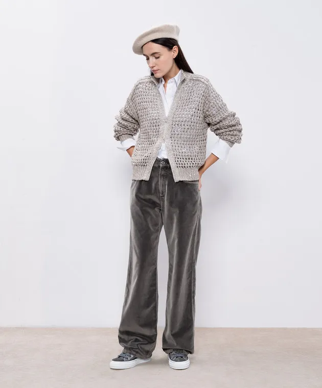 Brunello Cucinelli Pantaloni in velluto grigio con catena monil MB105P5951