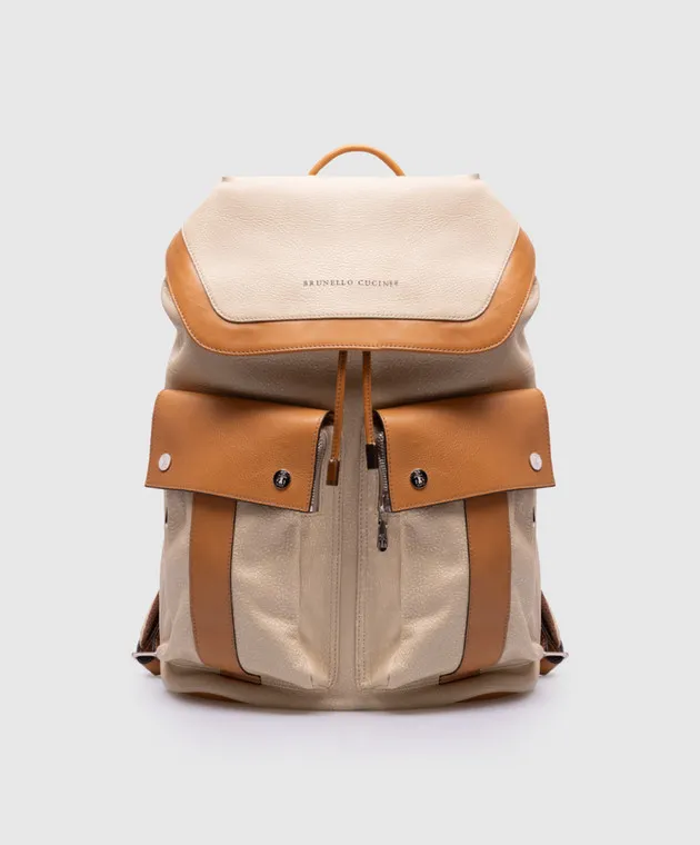 Brunello Cucinelli Zaino in pelle beige con logo MBIVU325