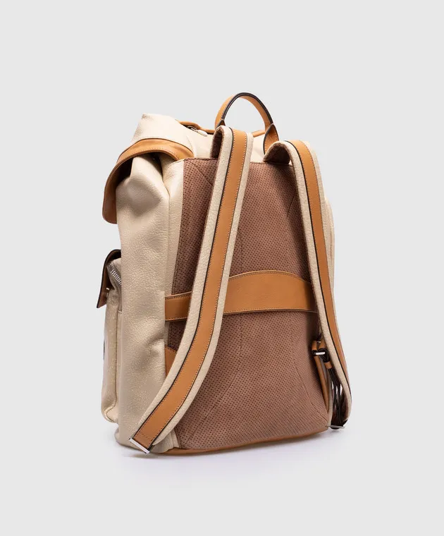 Brunello Cucinelli Zaino in pelle beige con logo MBIVU325
