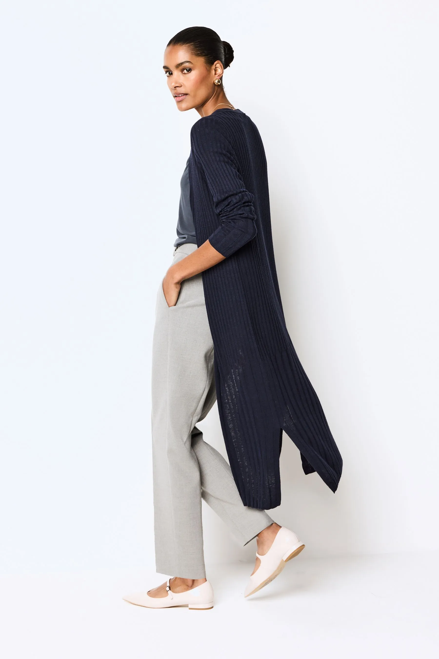 Cardigan lungo in lino a coste    