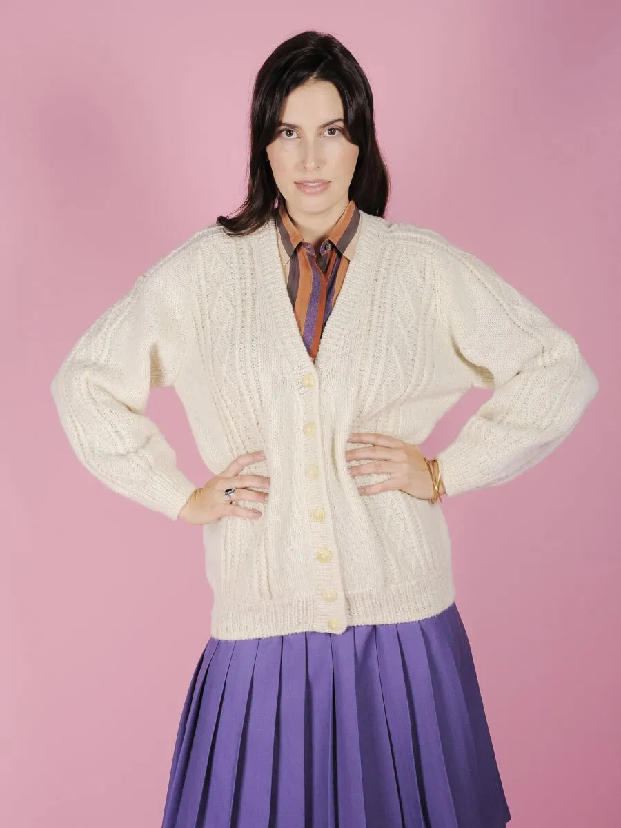 Cardigan panna over in lana fatto a mano