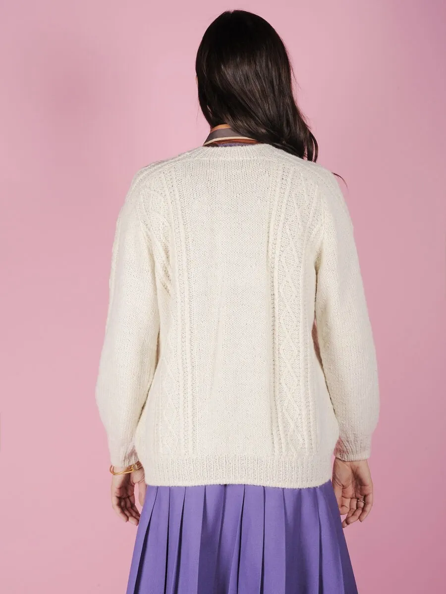 Cardigan panna over in lana fatto a mano