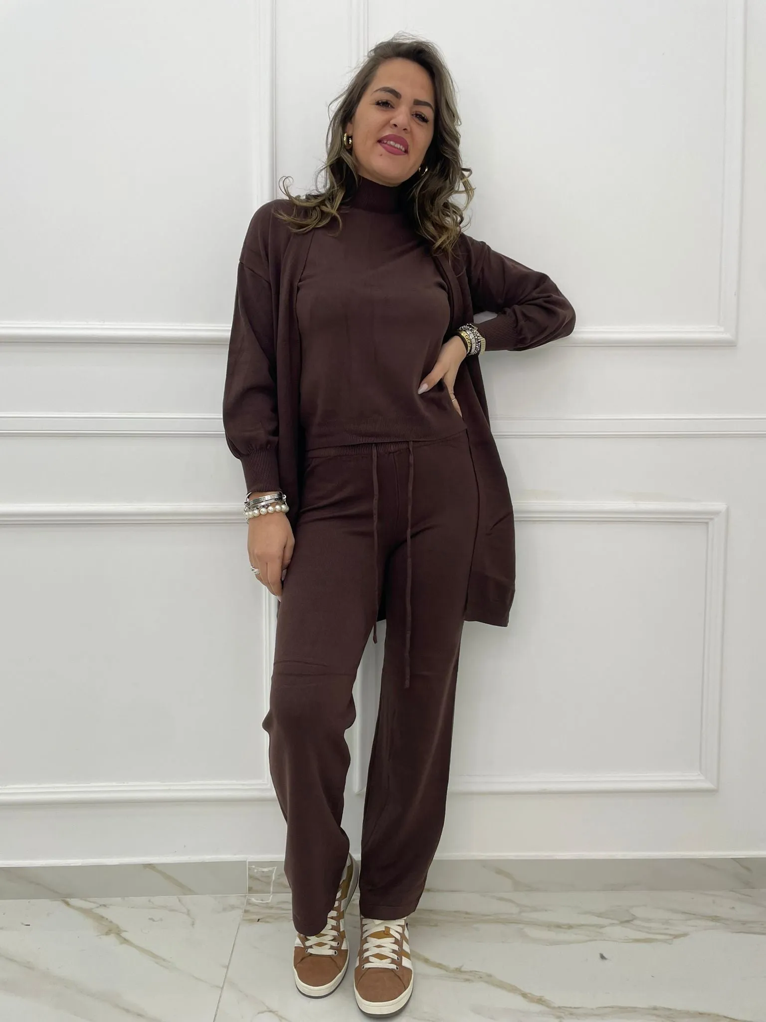 Coordinato 3 pezzi con maglioncino giro manica e cardigan lungo