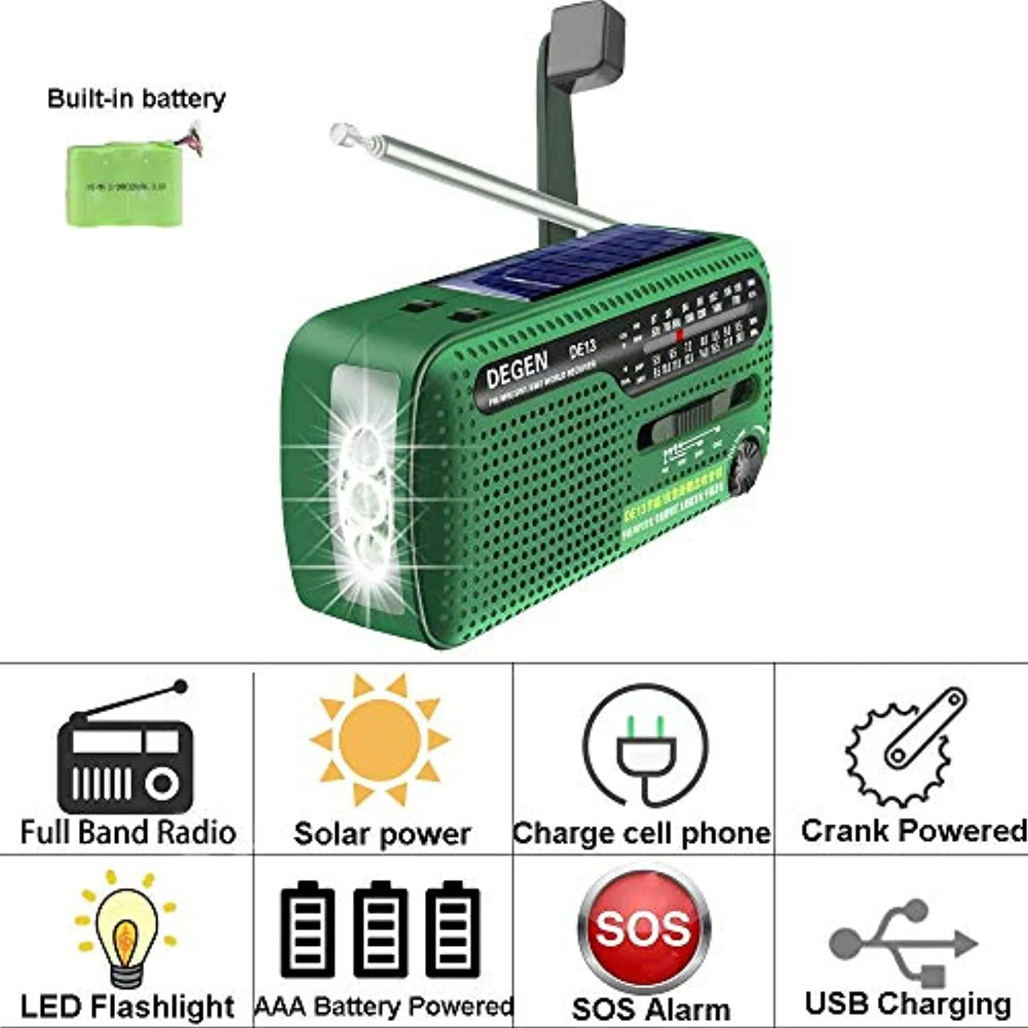 DEGEN DE13 FM AM SW Crank Dynamo Solar Power Emergency Radio A0798A World Receiver(Green)