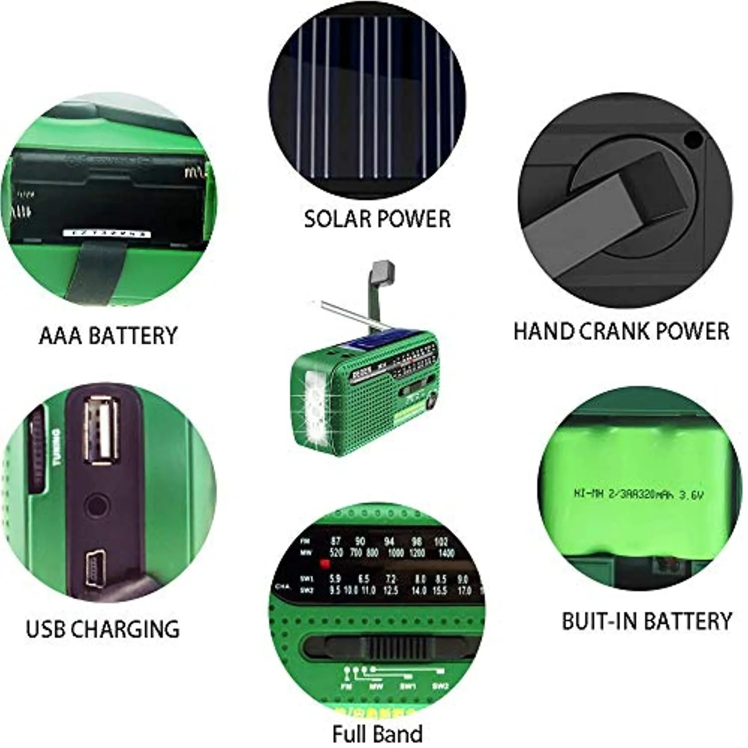 DEGEN DE13 FM AM SW Crank Dynamo Solar Power Emergency Radio A0798A World Receiver(Green)