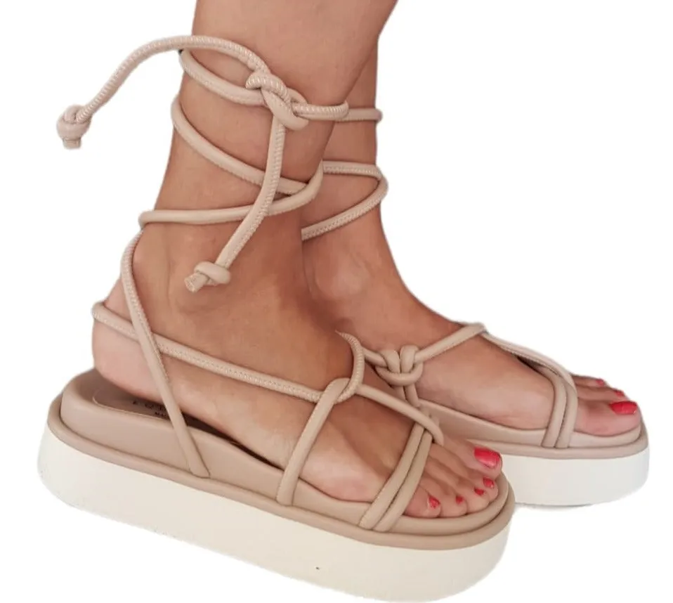 Equitare sandalo infradito alla schiava zeppa alta 5 cm. pelle Beige rif.10