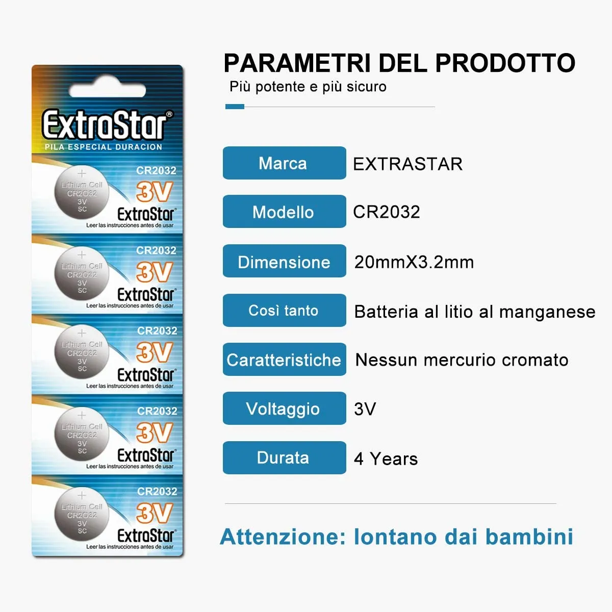 EXTRASTAR CR2032 alkaline 3V non-rechargeable battery batterie a bottone al litio, confezioni da 20