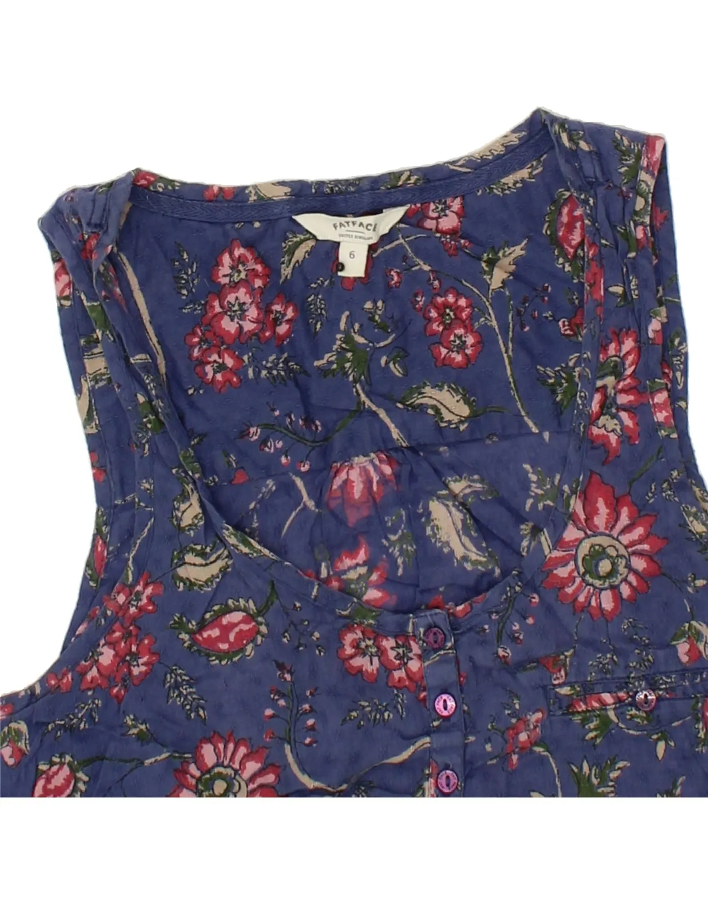 FAT FACE Womens Sleeveless Blouse Top UK 8 Small Blue Floral Cotton