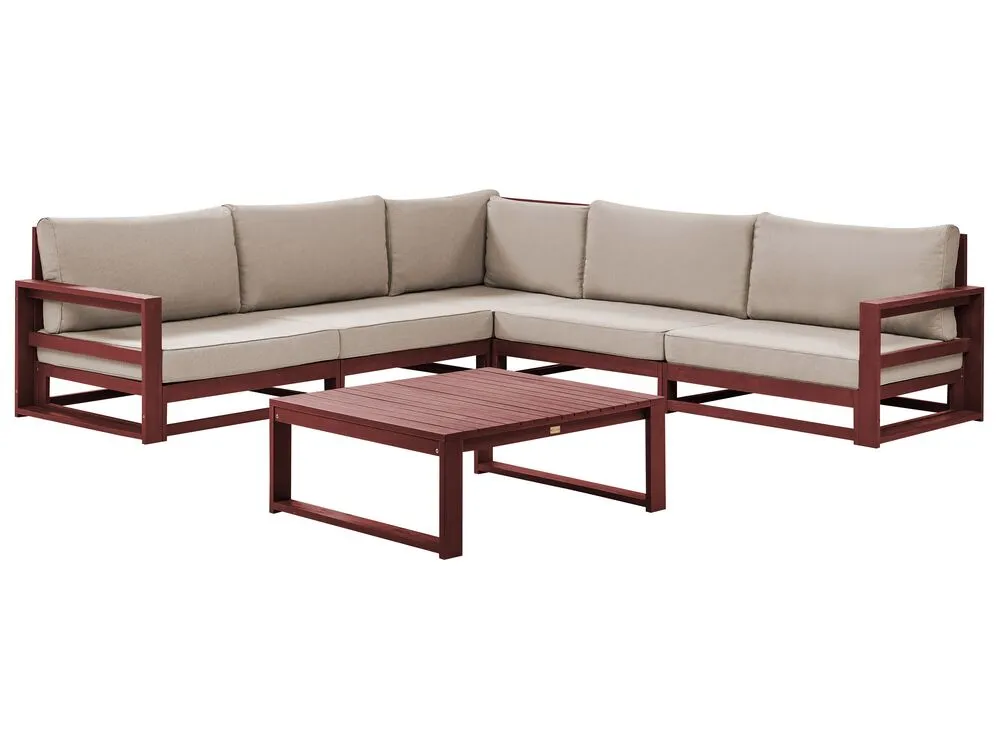 Garden Corner Sofa with Table 5 Seater TIMOR Modular Acacia Wood Dark Red Grey Beige