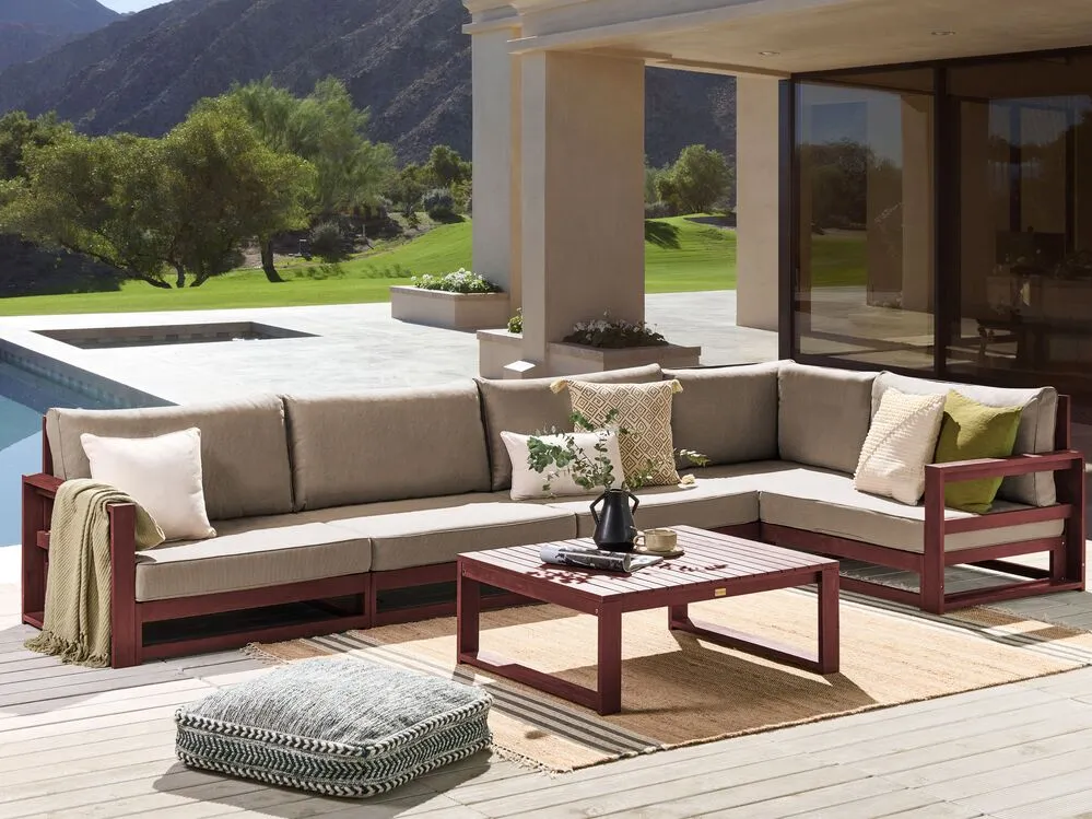 Garden Corner Sofa with Table 5 Seater TIMOR Modular Acacia Wood Dark Red Grey Beige