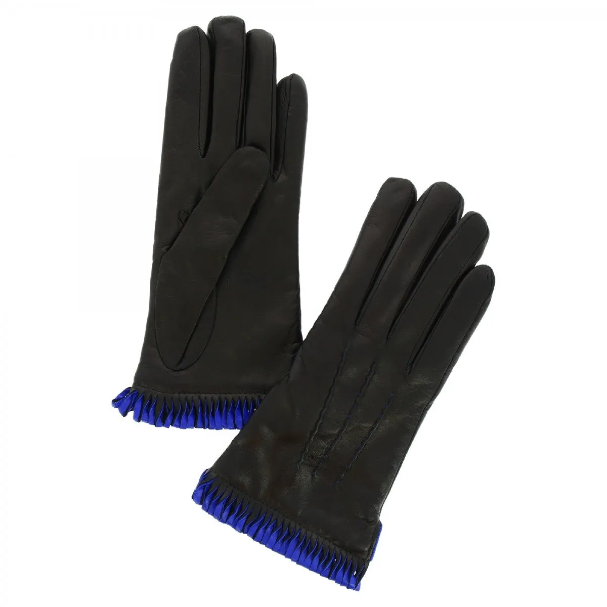 Guanti da donna fatti a mano in nappa nera con bordo blu