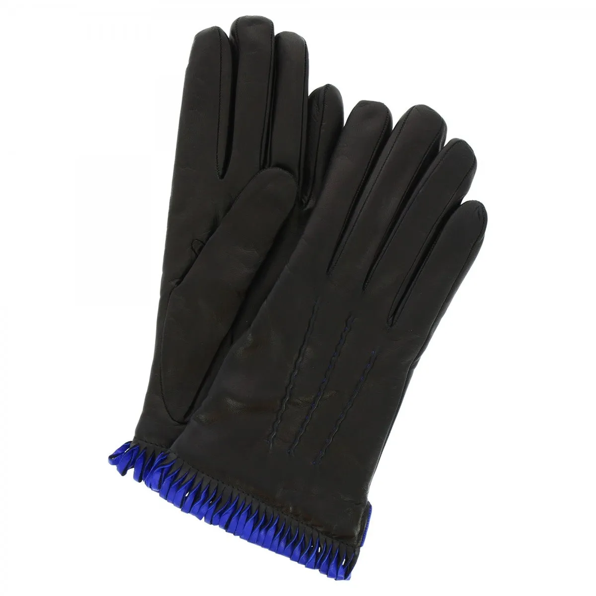 Guanti da donna fatti a mano in nappa nera con bordo blu
