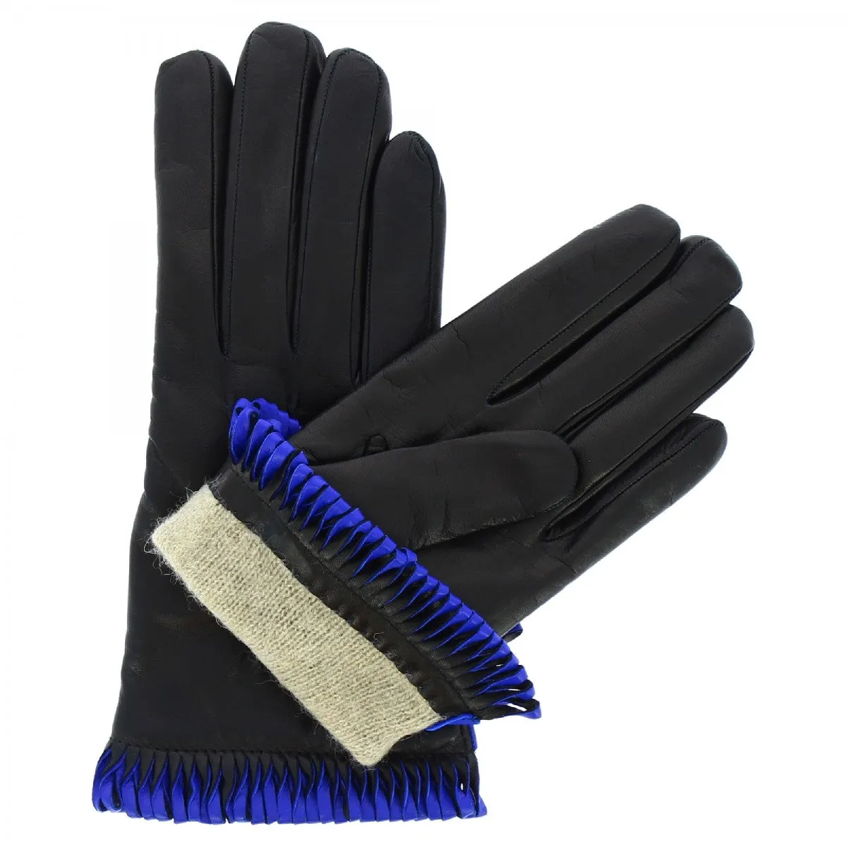 Guanti da donna fatti a mano in nappa nera con bordo blu