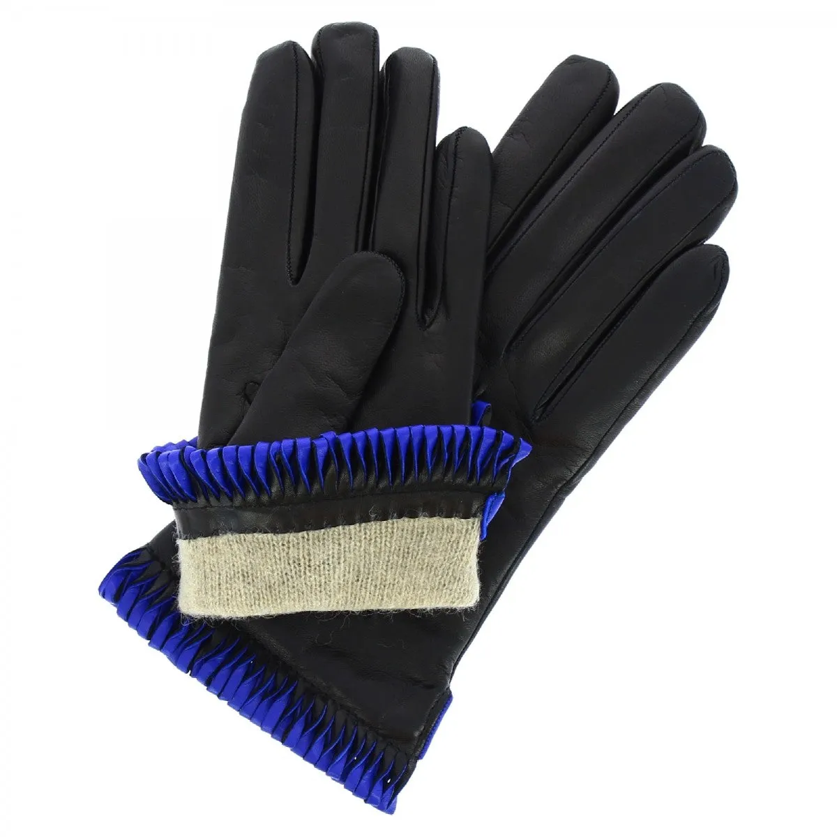 Guanti da donna fatti a mano in nappa nera con bordo blu