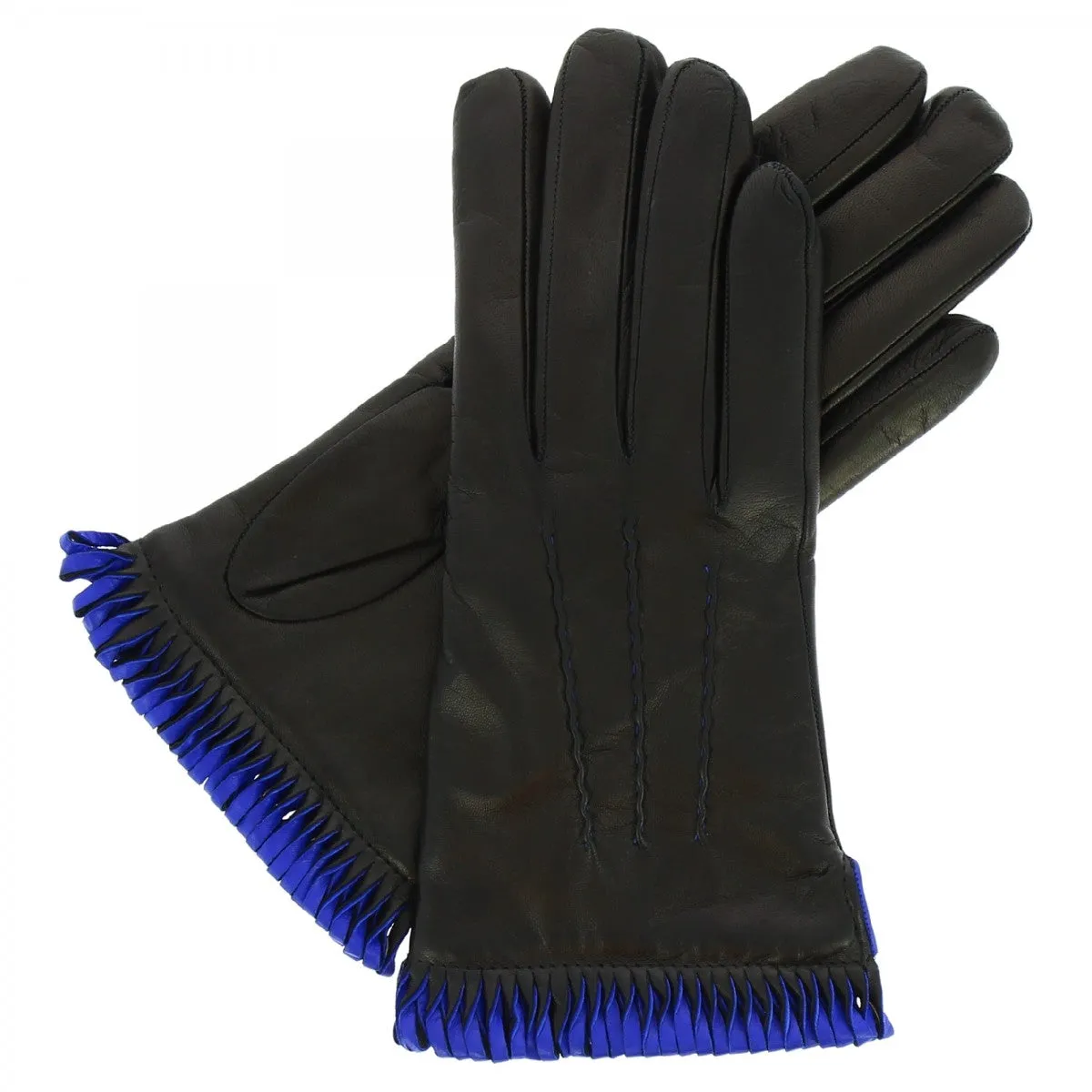 Guanti da donna fatti a mano in nappa nera con bordo blu