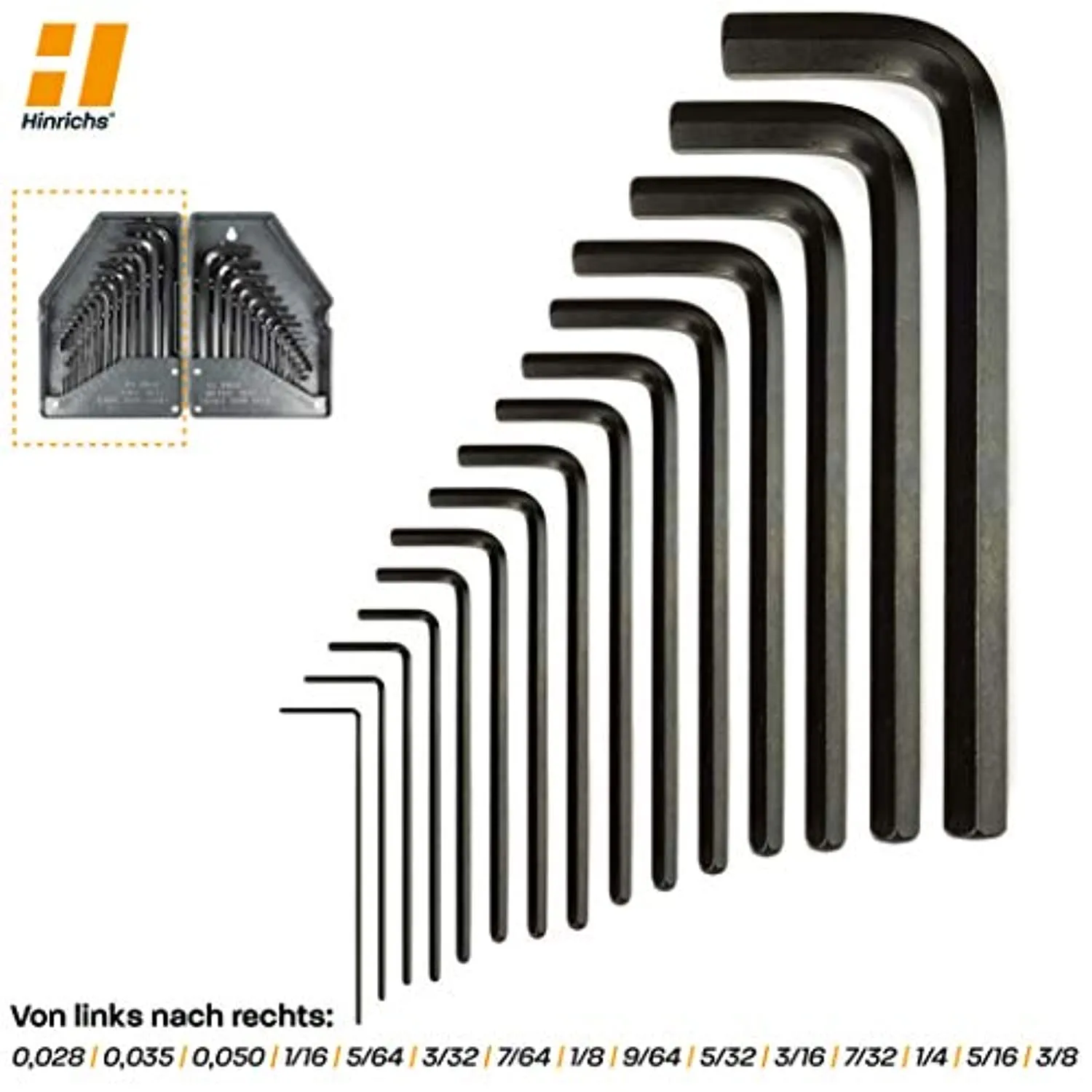 Hinrichs Chiavi a Brugola Set 30 Metriche e in Pollici - Chiavi Esagonali Set da 0,7 a 10 mm e da 0,028 a 3/8 - Lama Universale 
