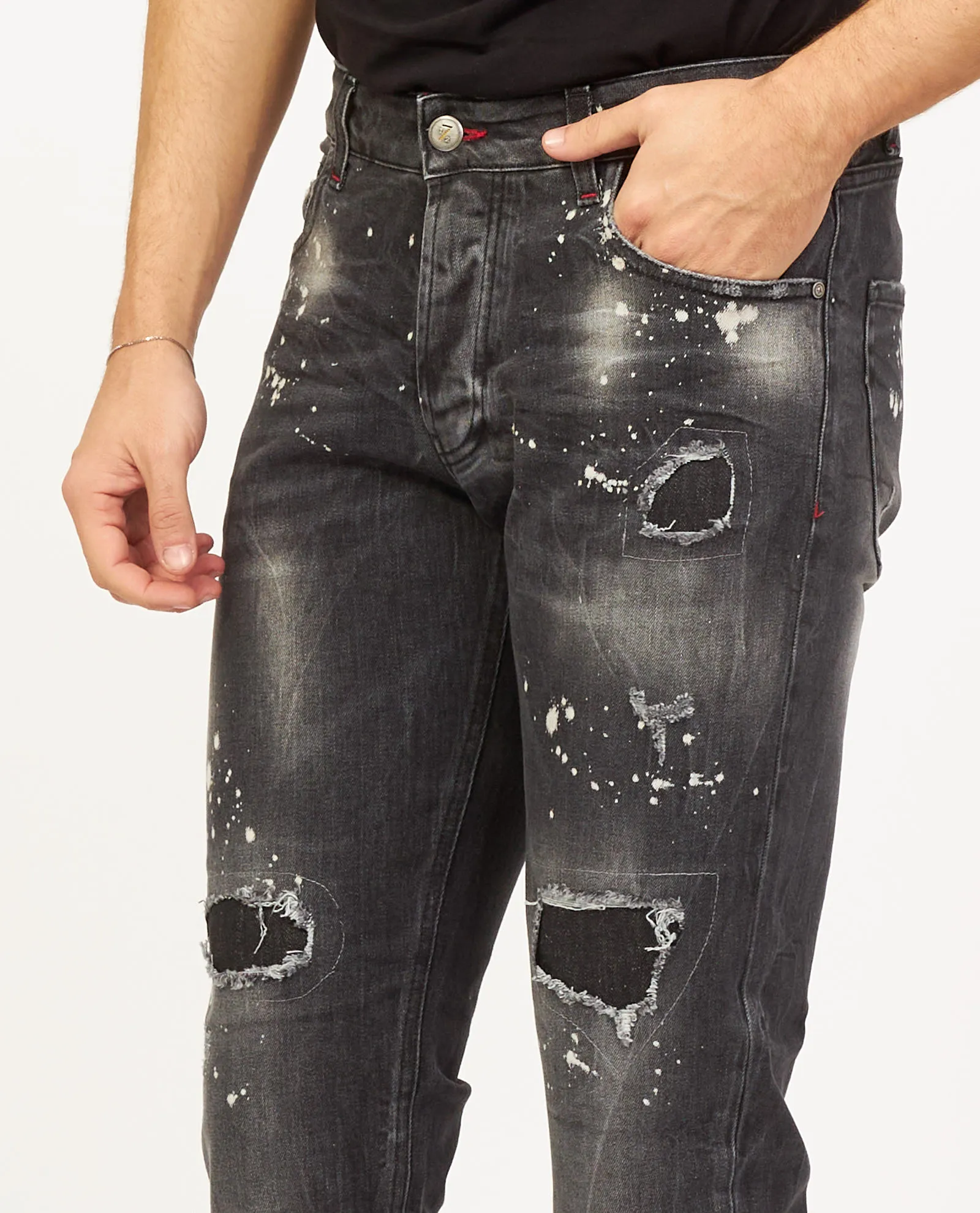 Jeans uomo Settemezzo effetto pitturato con toppe