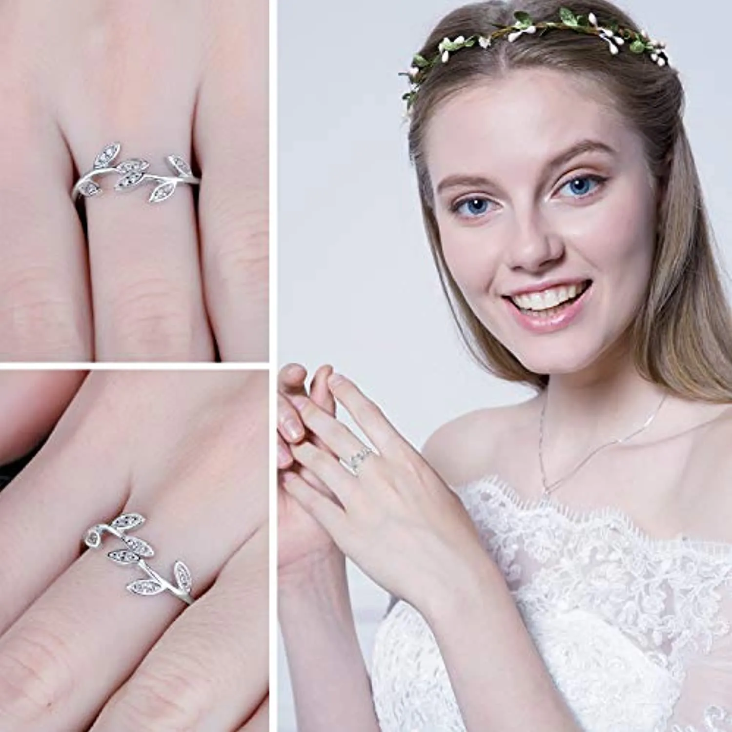 JewelryPalace Anelli Donna Argento 925, Foglia di Olivo Anelli Donna Regolabili, Diamante Simulato Zirconi Anniversario Matrimon