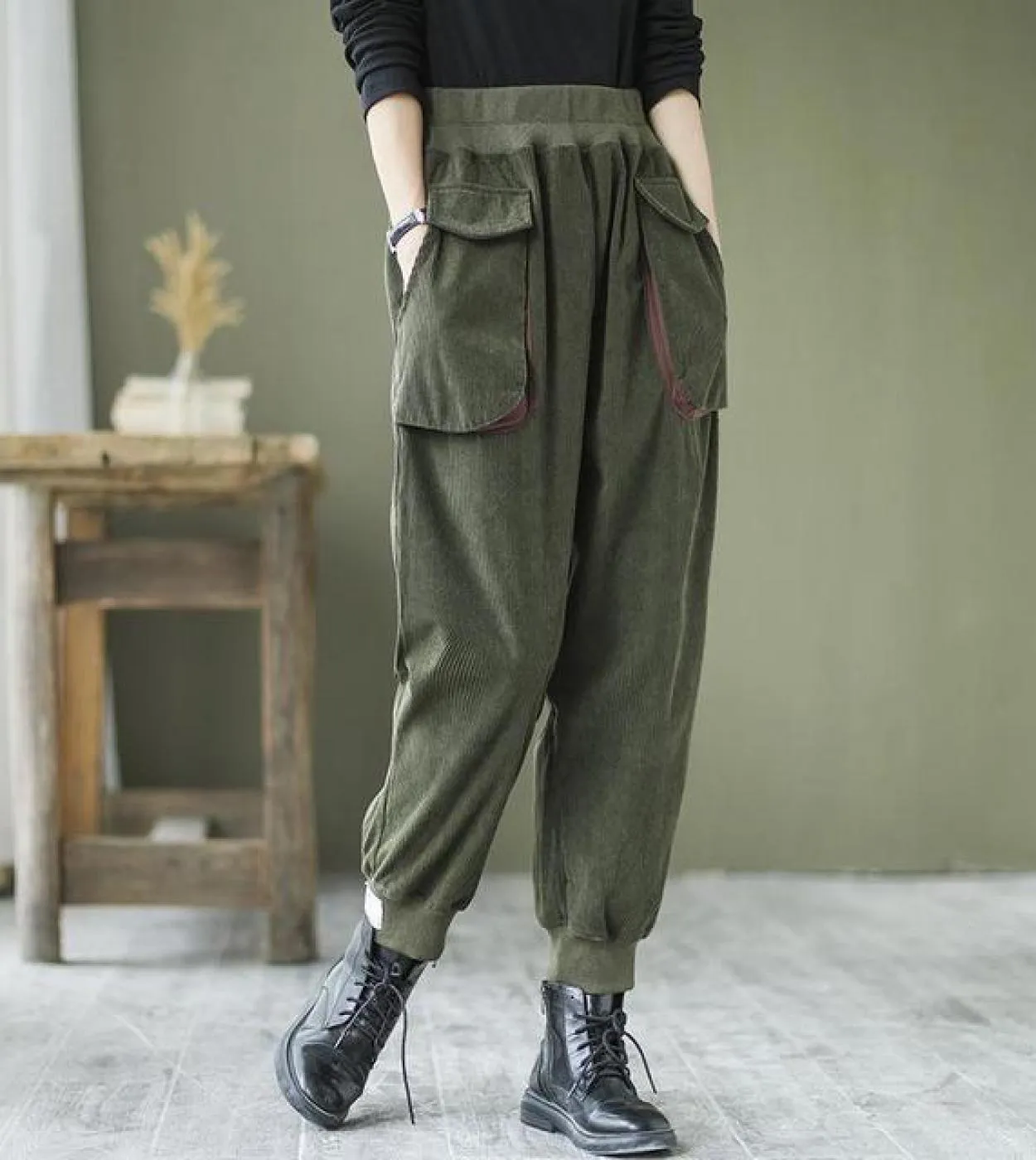 New Springautumn Women Pocket Patchwork Pantaloni alla caviglia Pantaloni casual Harem in velluto a coste in cotone allentato W7