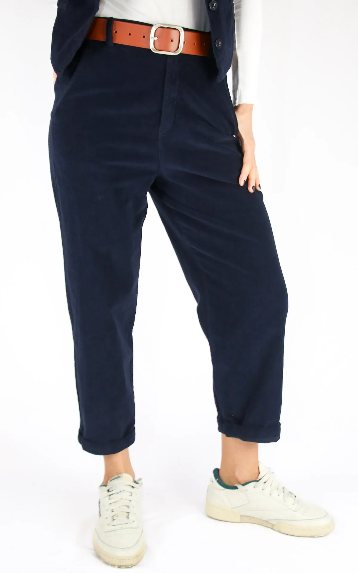 Off-On – boyfriend velluto millerighe – blu