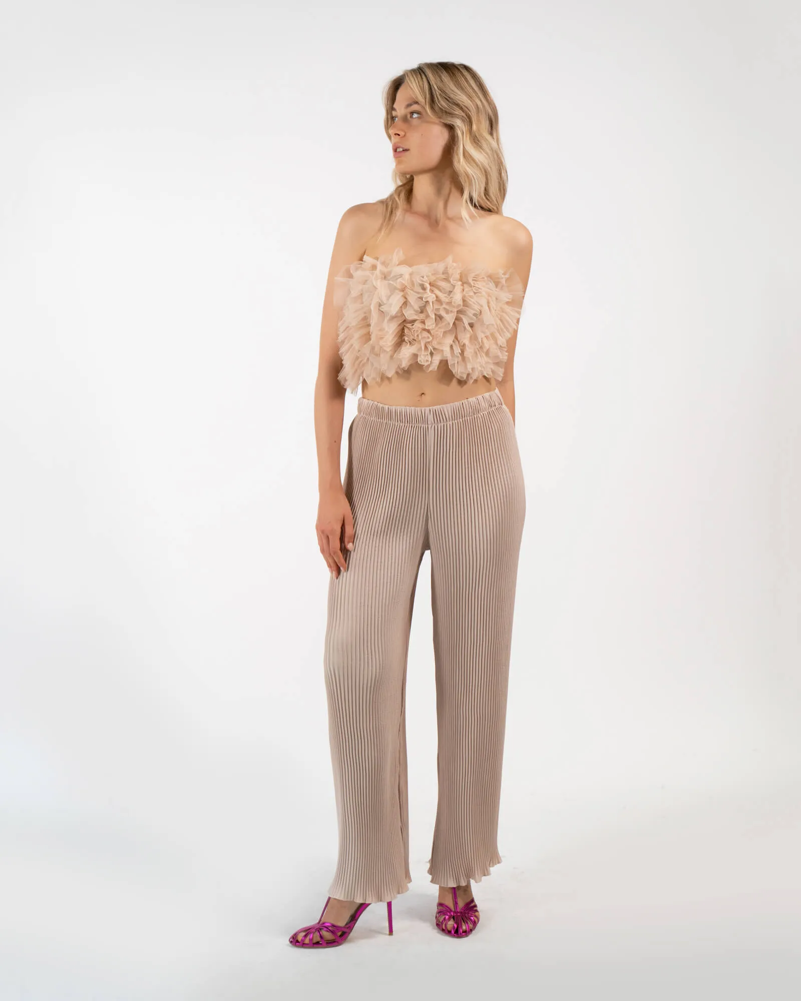 Pantalone a palazzo plissettato beige