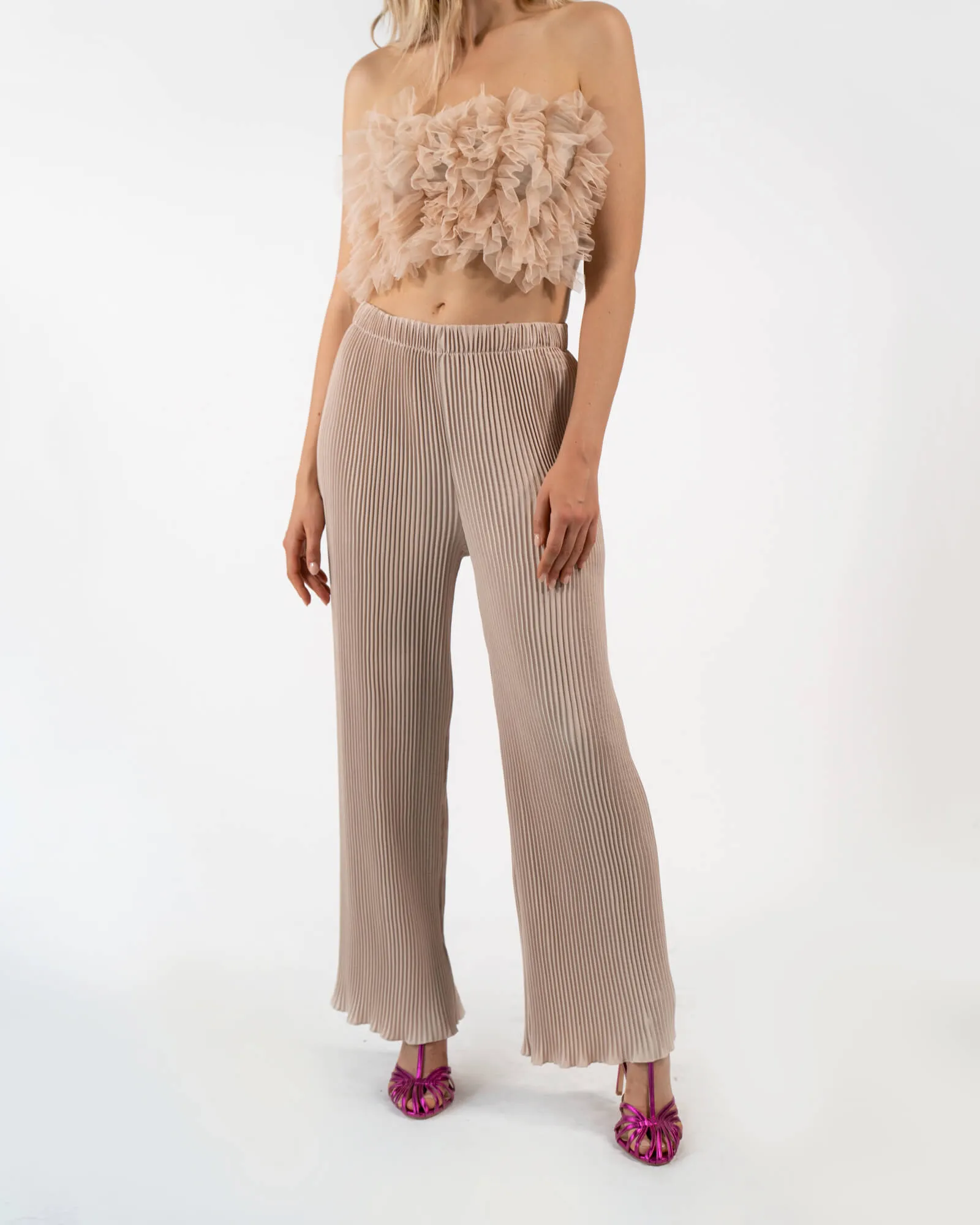 Pantalone a palazzo plissettato beige
