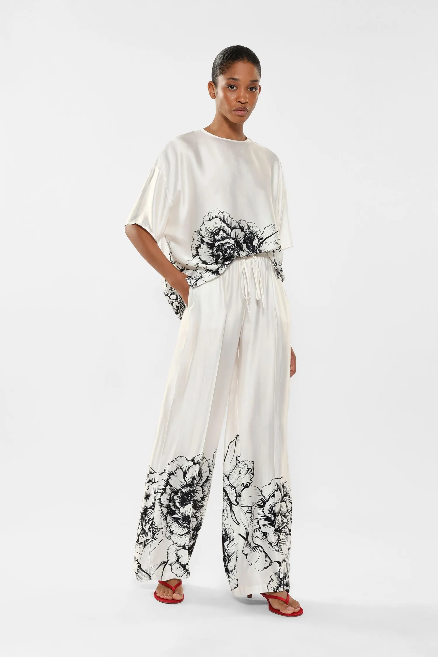 Pantaloni a palazzo con coulisse e parte inferiore floreale IMPERIAL