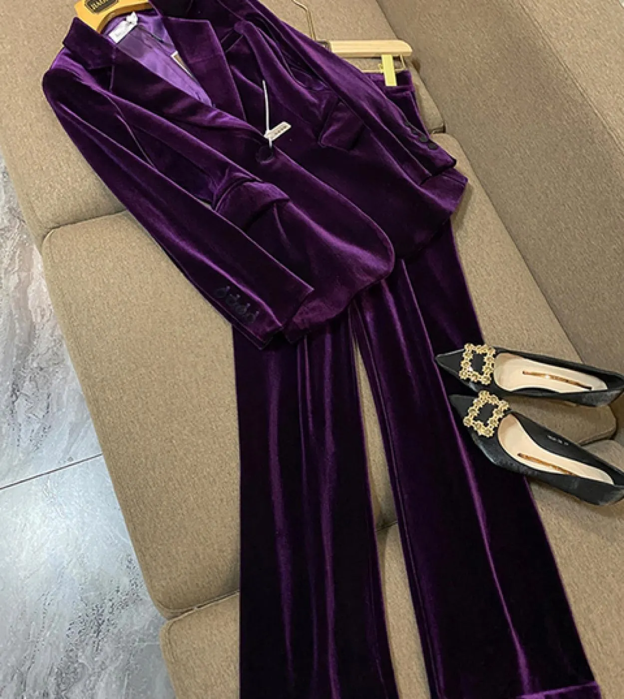 Pantaloni blazer in velluto Set da donna Viola Marrone Autunno Inverno Nuova giacca con un bottone  Pantaloni svasati Due pezzi