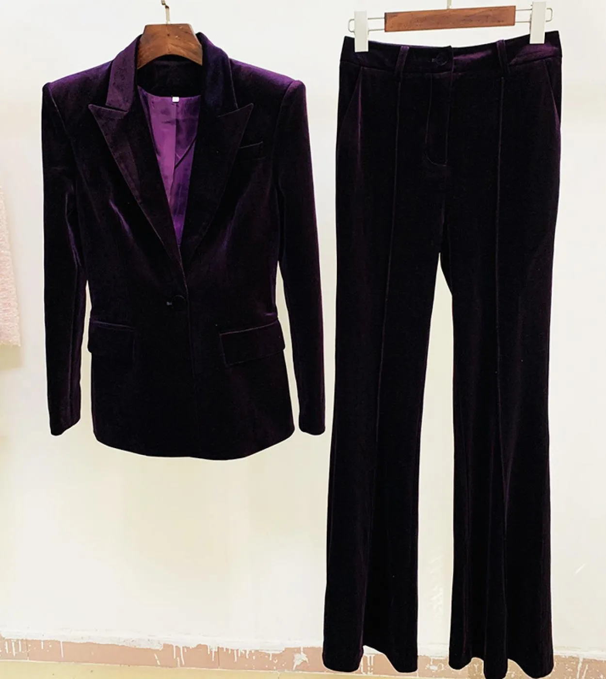 Pantaloni blazer in velluto Set da donna Viola Marrone Autunno Inverno Nuova giacca con un bottone  Pantaloni svasati Due pezzi