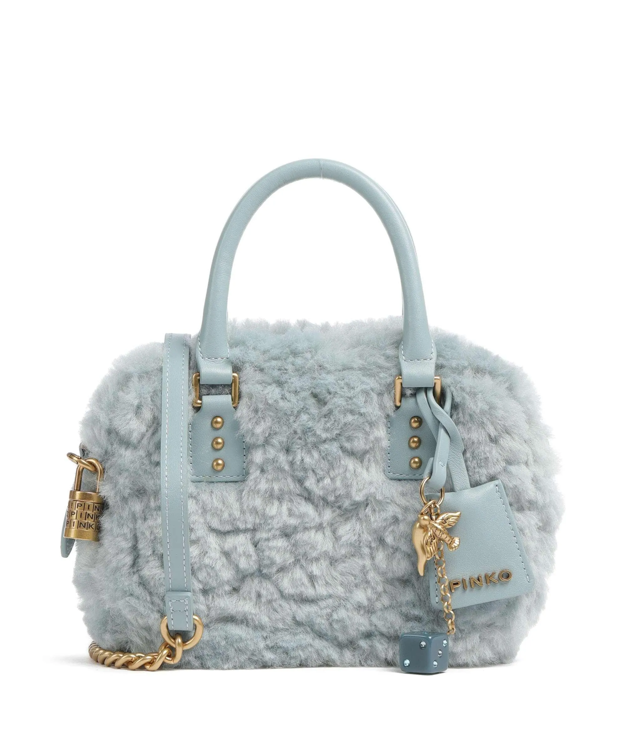  Pinko Bowling Mini Borsa a mano eco-pelliccia blu-grigio  