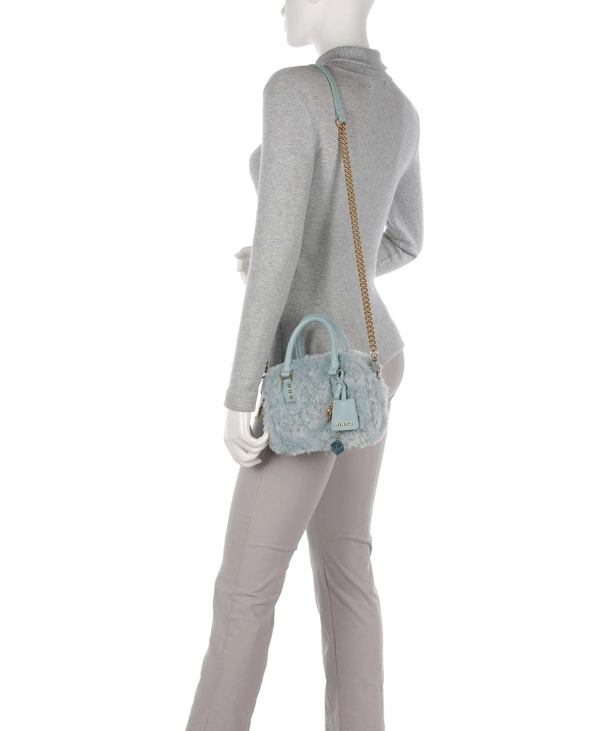  Pinko Bowling Mini Borsa a mano eco-pelliccia blu-grigio  