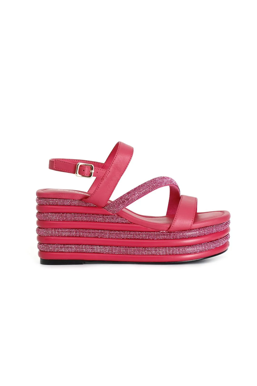 sandali asimmetrici strass e nappa con zeppa righe strass fuxia