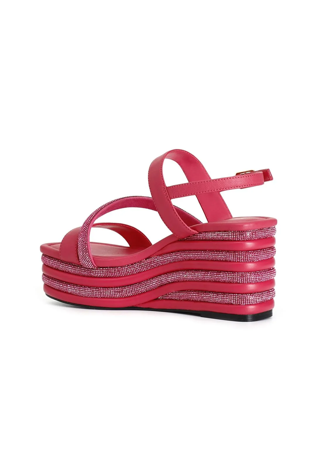 sandali asimmetrici strass e nappa con zeppa righe strass fuxia