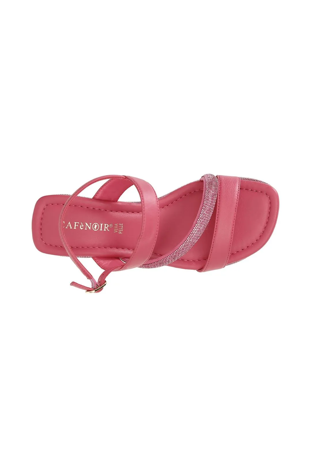 sandali asimmetrici strass e nappa con zeppa righe strass fuxia